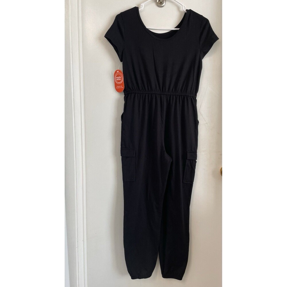 Wonder Nation Black Solid Round Neck Short Sleeve Jumpsuit Pockets Jogger L